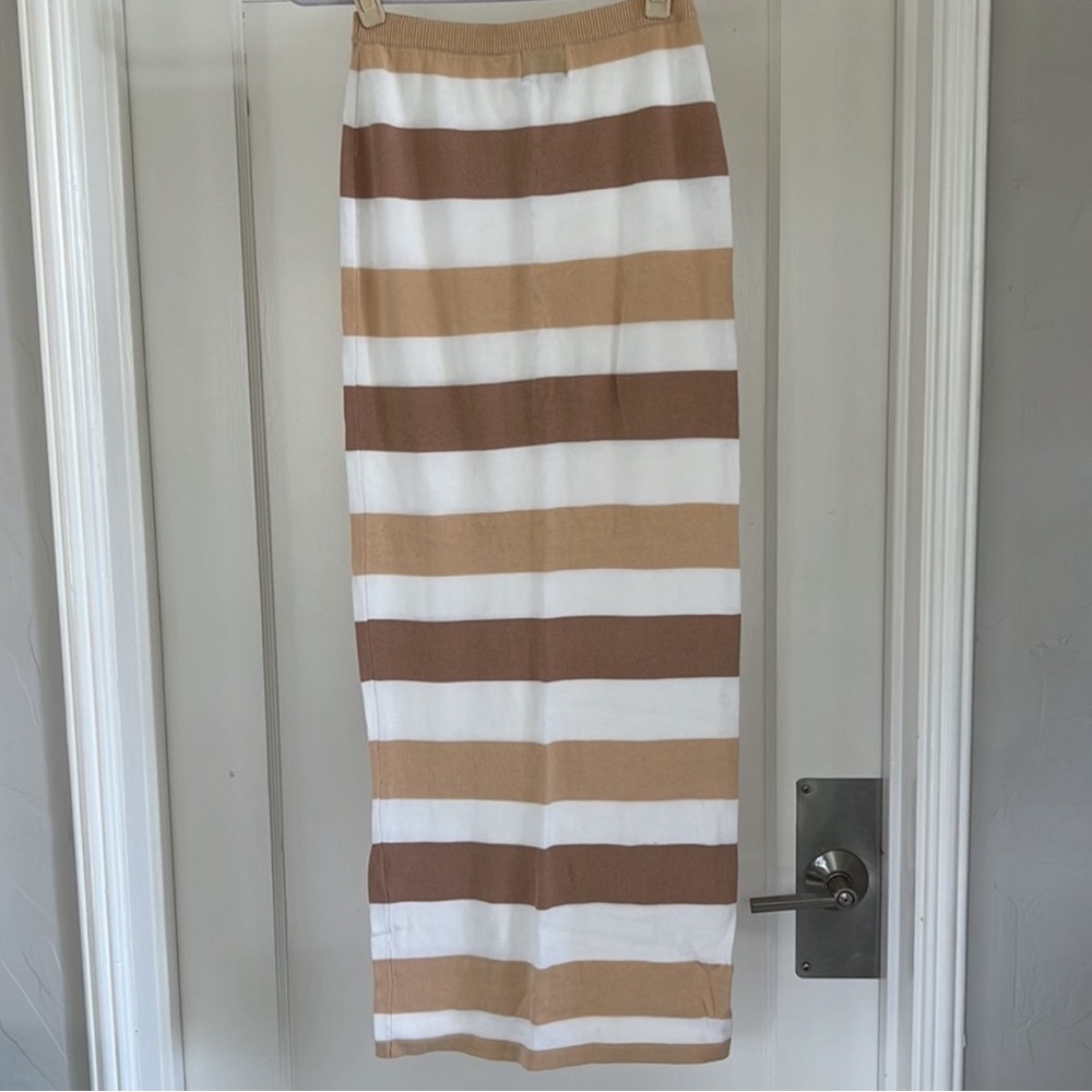 ❌SOLD❌ Sabo Skirt Leti Tan Brown White Long Knit Cotton Maxi Pencil Stripe Skirt - Picture 5 of 10